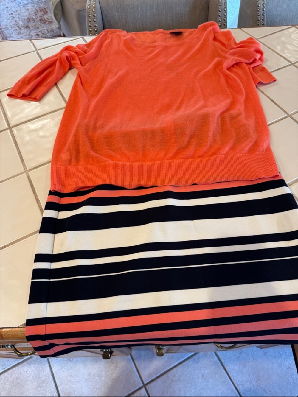 Ann Taylor Coral and Navy Striped A-Line Skirt